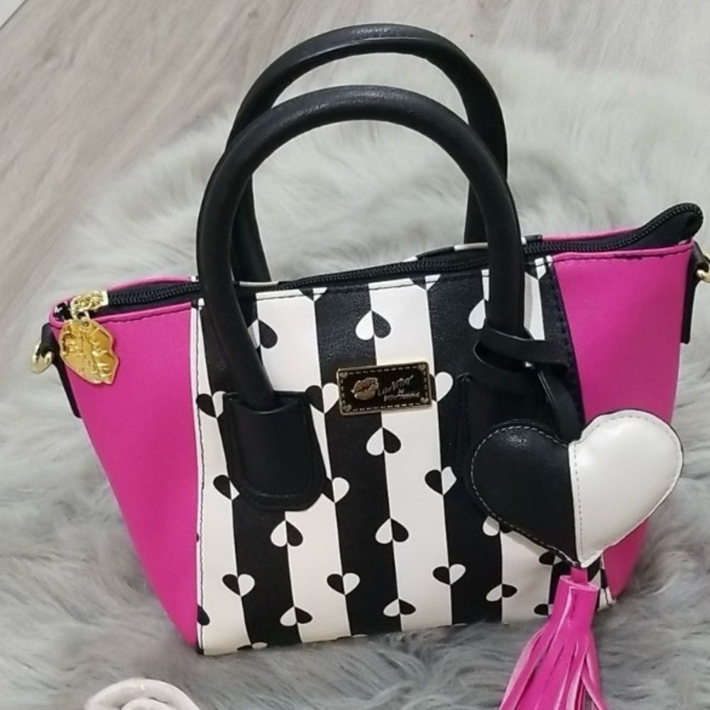 Betsey Johnson Pink and Black Satchel with Heart Print